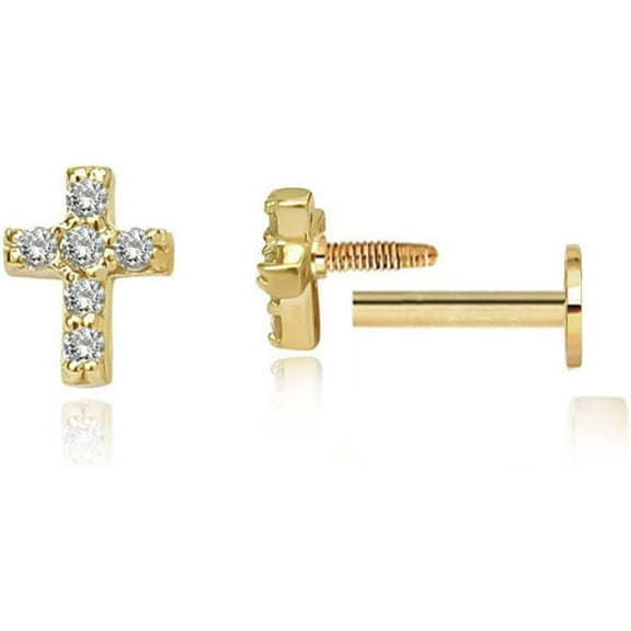 16g Tiny Cross Hypoallergenic 925 Sterling Silver Stud Earrings for Women With Flat Screw Back Small Cubic Zirconia Cartilage Pierced Earrings for Tragus Helix Conch Cartilage Jewelry Gifts
