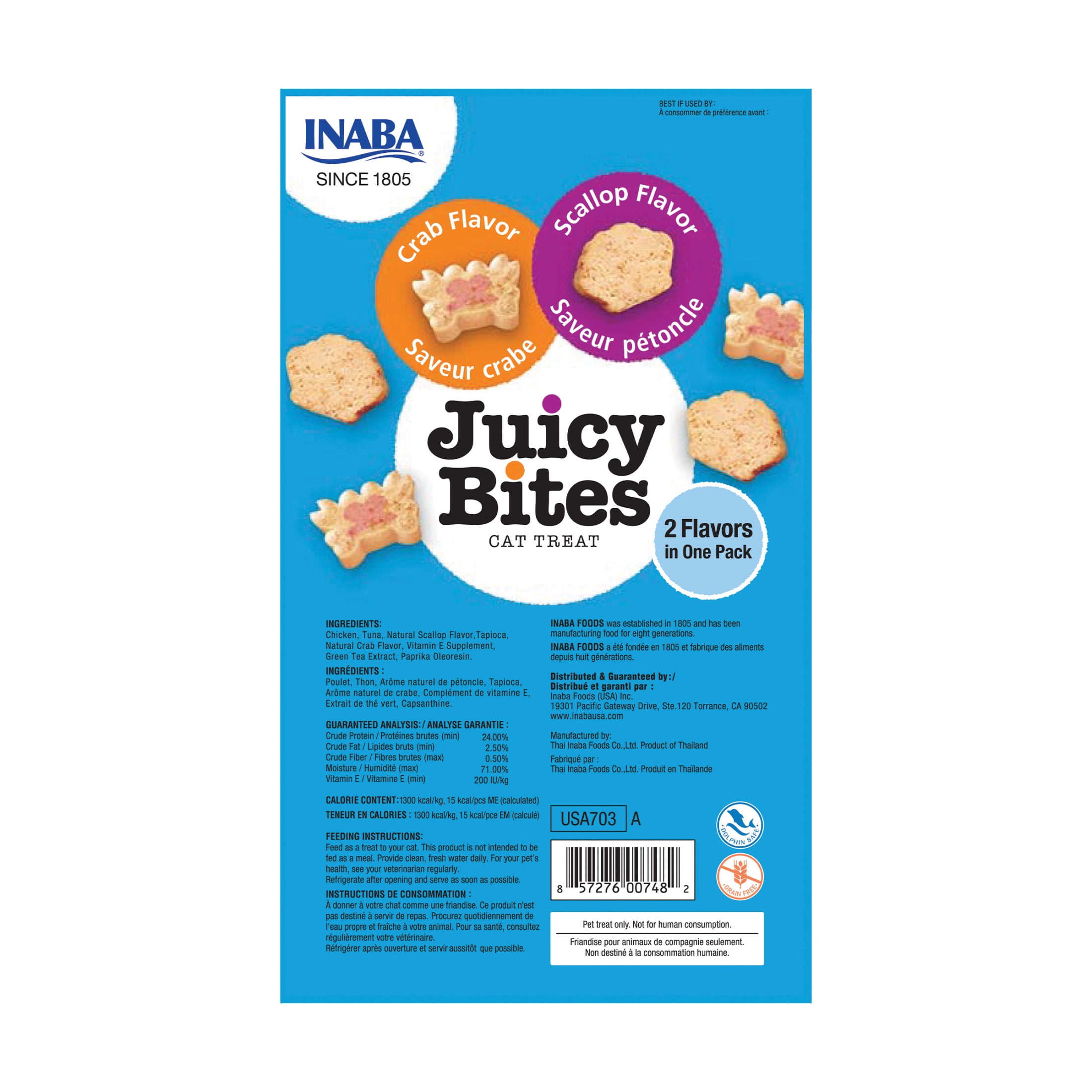 INABA Juicy Bites Grain-Free, Soft, Moist, Chewy Cat Treats with Vitamin E and Green Tea Extract, 0.4 Ounces per Pouch, 3 Pouches, Scallop and Crab