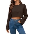 thumbnail image 4 of Craaazy Women's Loose Solid-Color Long-Sleeved Crew Neck Comfy Cropped Sweatshirts Gifts, 4 of 9