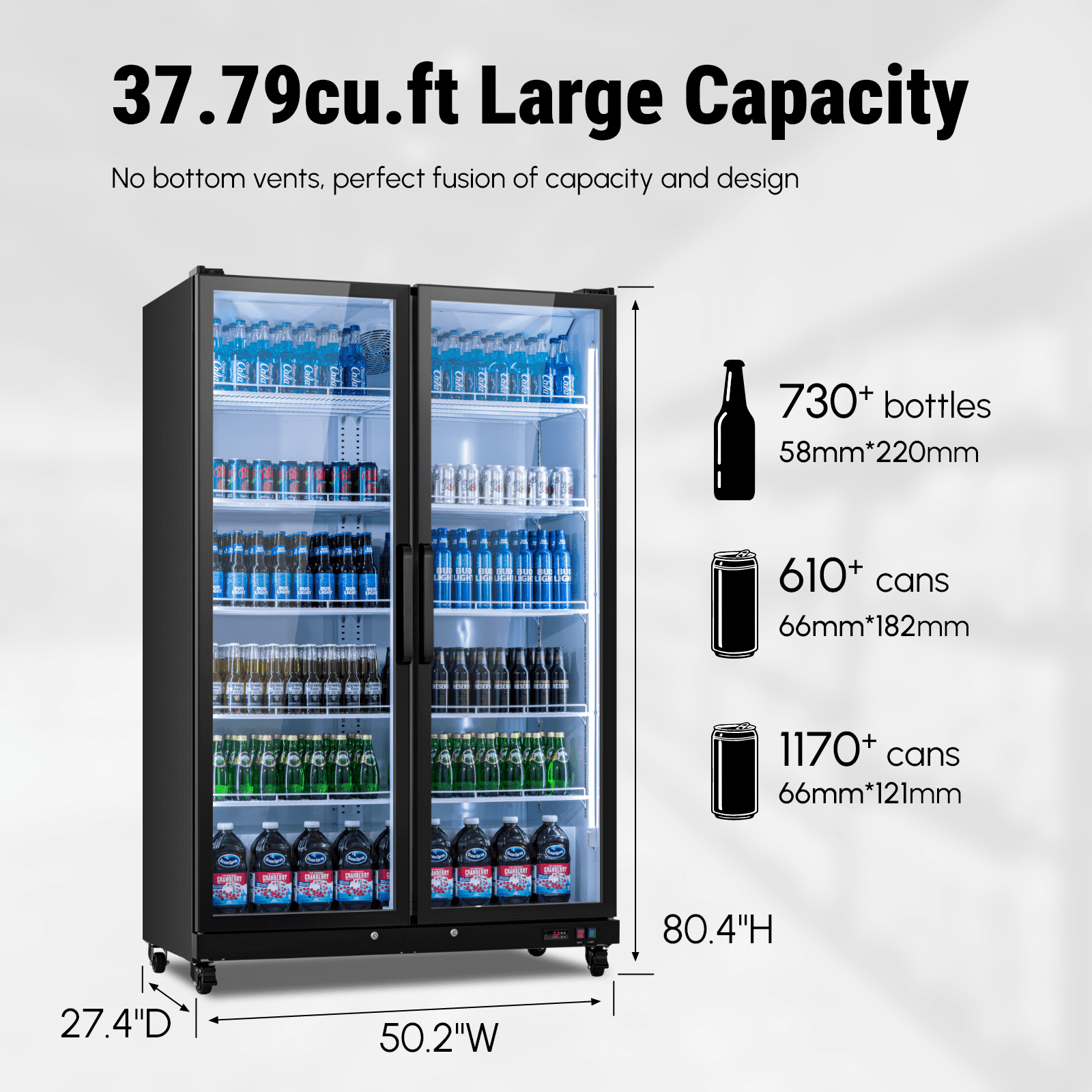 Yeego 37.79 Cu.  Ft Commercial Refrigerator,1100 Cans Merchandiser Refrigerator with LED Light & Door Lock