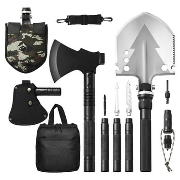 KFFKFF Hunting Knife and Hatchet Axe Combo Set, 16-Function Foldable Camping Tools with Hatchet, Durable Stainless Steel Shovel and Axe Duo, Versatile Crisis Survival Kit for Outdoor Adventures