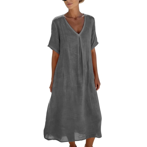 Admvng Linen Dress for Women Casual Short Sleeve V-neck High Waist Flowy Summer Dress with Pockets
