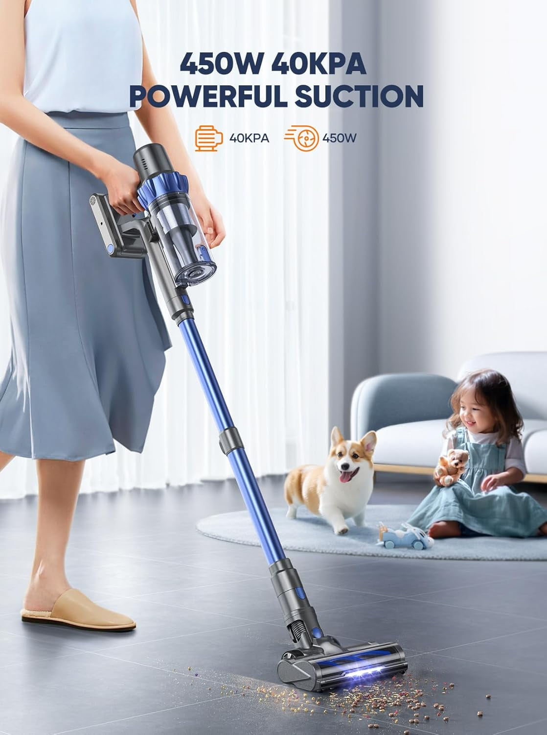Cordless Vacuum Cleaner, 40KPA 450W Vacuum Cleaners for Home, Stick Vacuum with Color Touch Display, Intelligent Auto Mode, Up to 55Mins, Handheld Vacuum Cleaners for Hardwood Floor Carpet Pet Hair