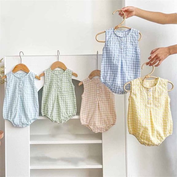 YHAJDS Summer for Newborn 0-12 Months Sleeveless Plaid Print Cotton Romper Bodysuit Jumpsuit