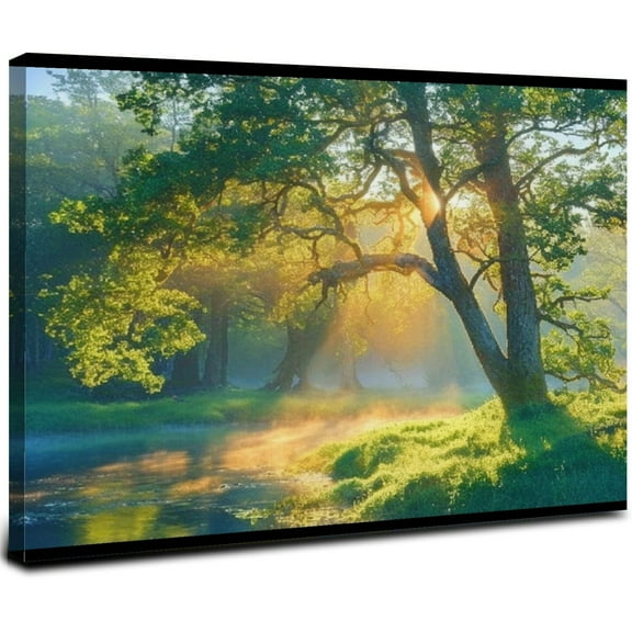 ONETECH Nature Wall Art Forest Landscape Picture Oak Tree Canvas Print Artwork for Living Room Bedroom Vintage Green Mountain Sunrise Wall Decor Morning Sunlight Framed Painting 20x16inch