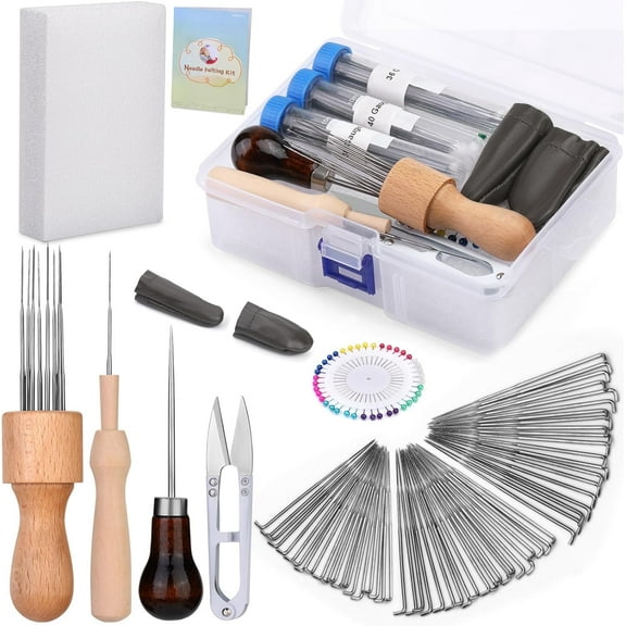 Wool Felting Needle Tools, Wool Felting Tool Kit with 3 Sizes Felting Needles and 1/8 Needle Wooden Handle for Needle