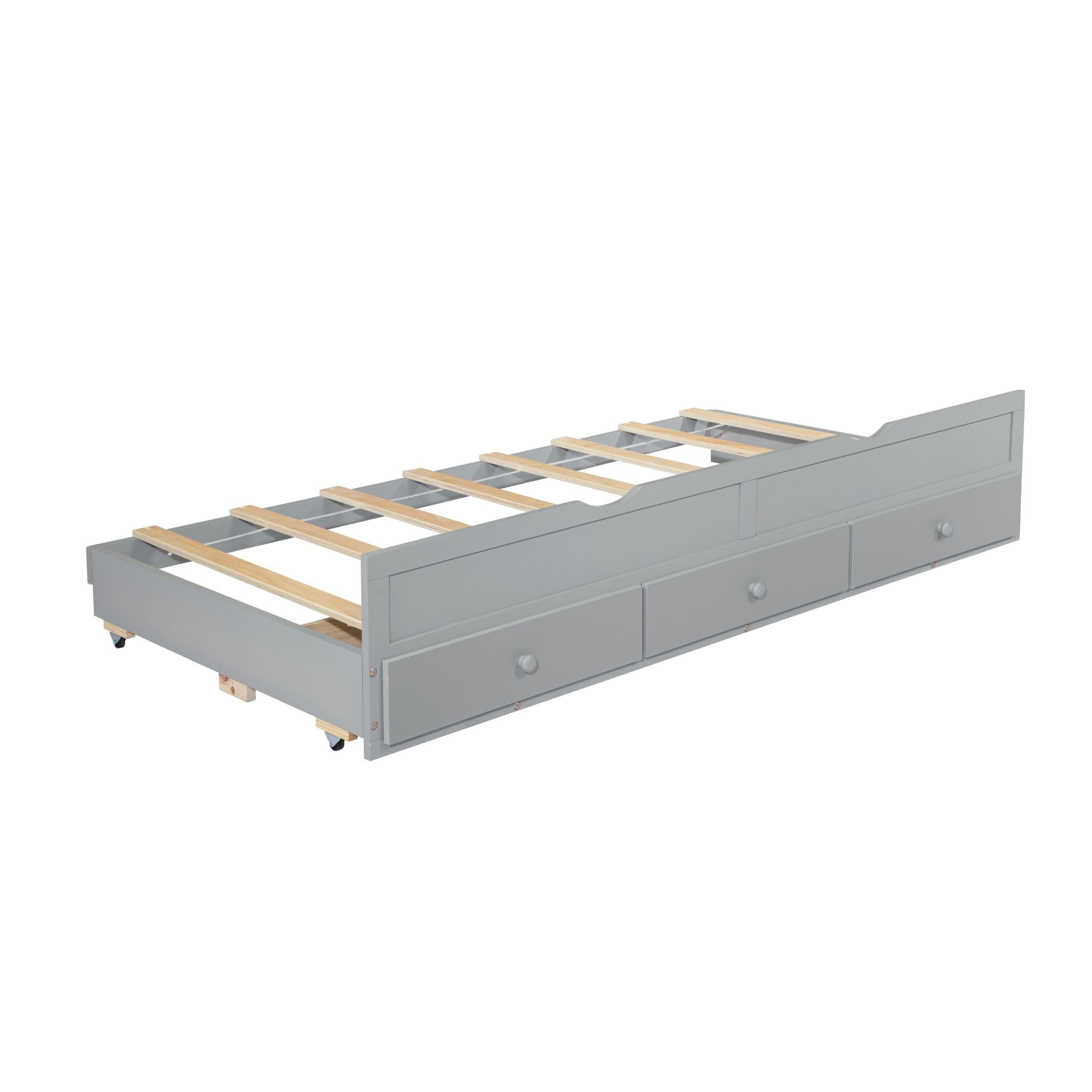 Noble House Nestin Twin Bed Frame with Trundle and Three Storage Drawers, Solid Pine Wood Frame, Gray