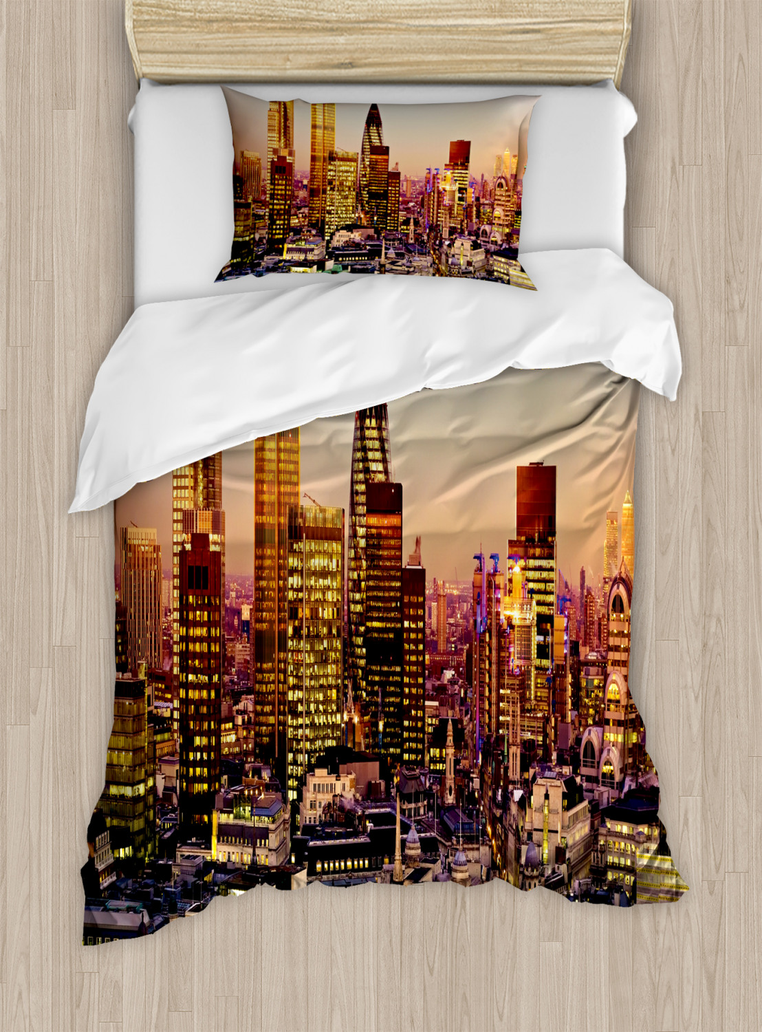 New York Duvet Cover Set Twin Size, Global City Sunset Reflecting on Skyscrapers Famous Town
