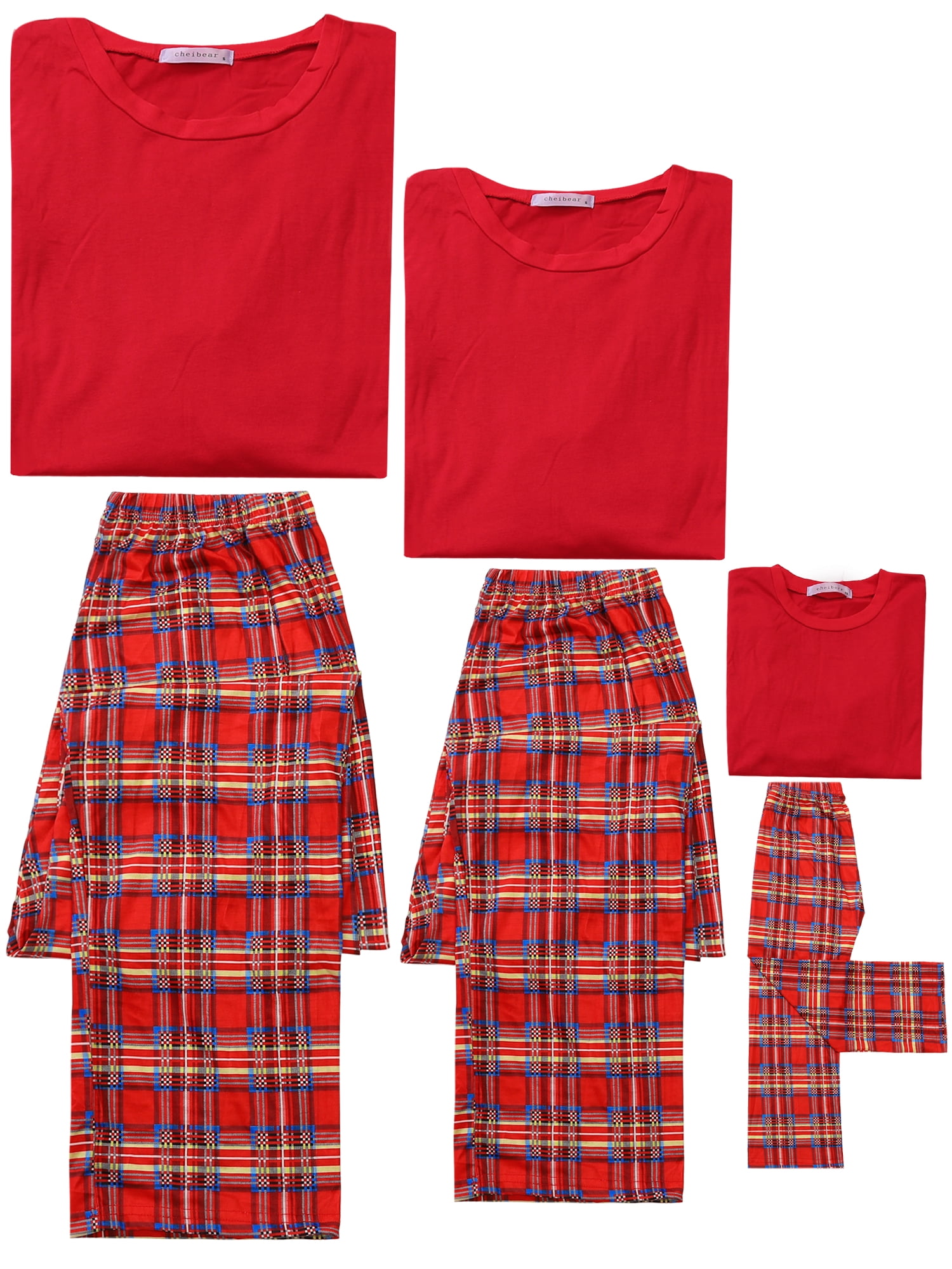 Unique Bargains Christmas Long Sleeve Solid Tops Tee with Plaid Pants Family Pajama Sets XS Big Boys