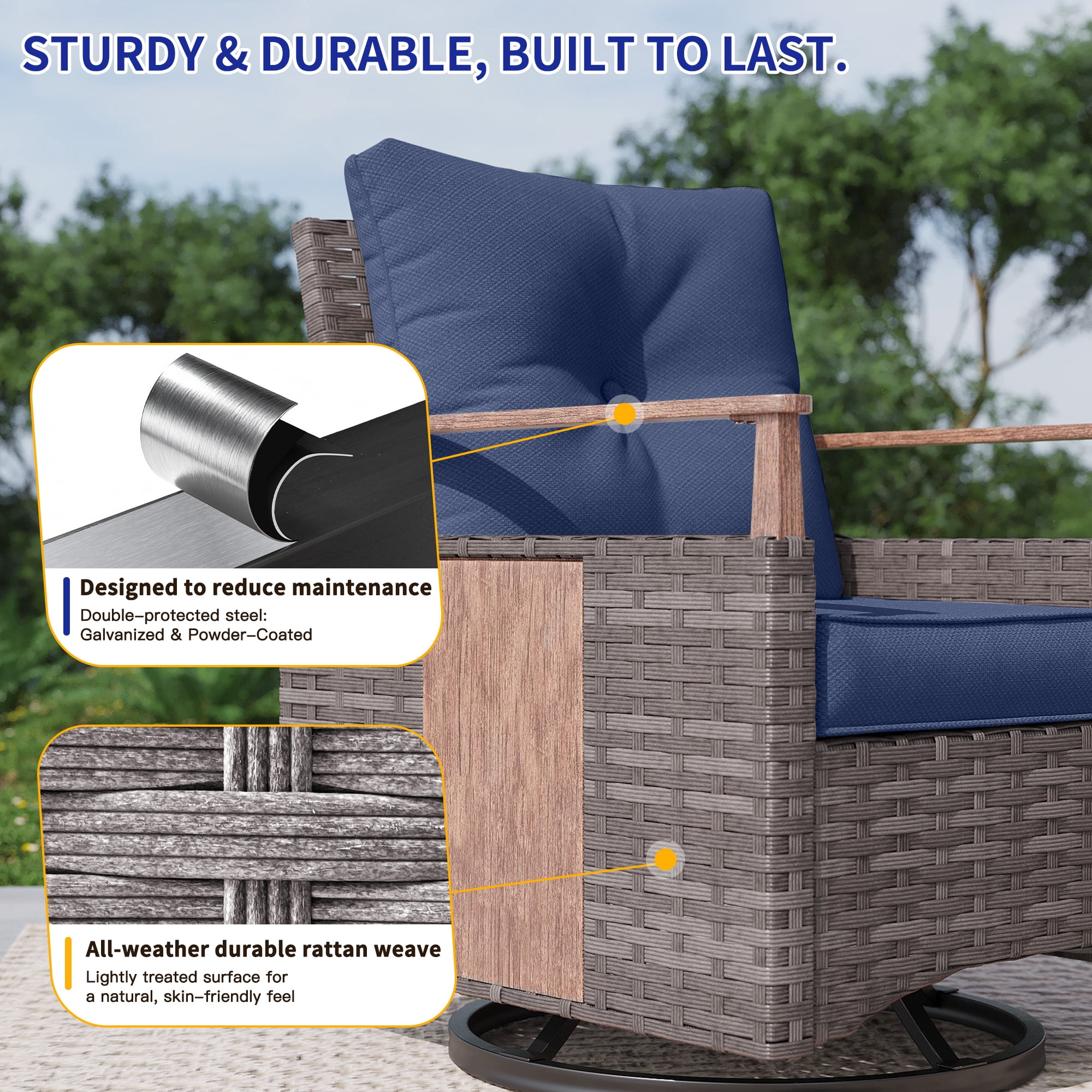 NestNook 5-Piece Outdoor Conversation Set with 2 Swivel Rocker Chairs, 3-Seat Sofa, Loveseat and Aluminum Coffee Table for Porch, Deck, Backyard