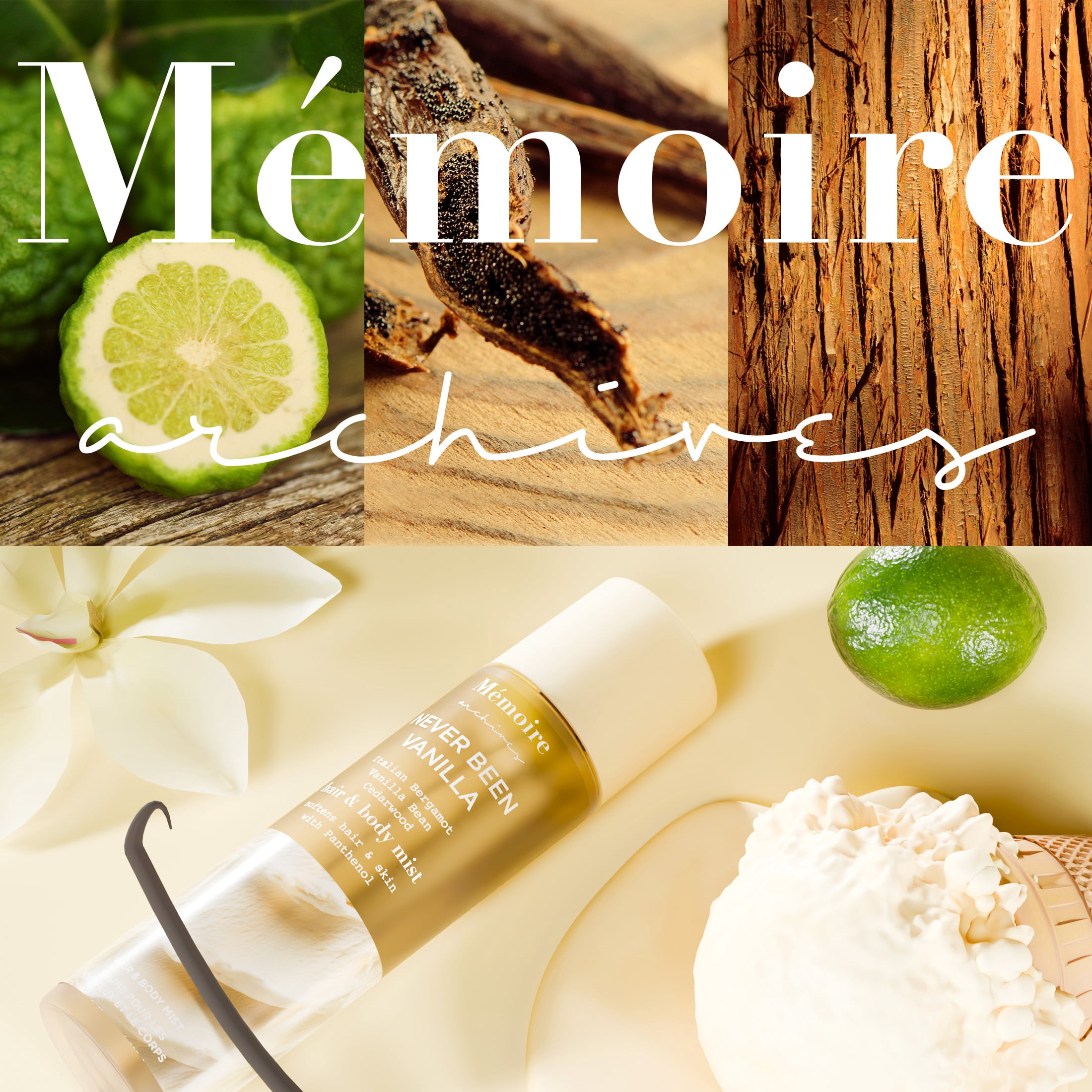 Mémoire Archives Never Been Vanilla Hair & Body Mist, Vanilla Gourmand Fragrance with Bergamot & Cedarwood, Hydrating Hair & Body Spray, 8 oz