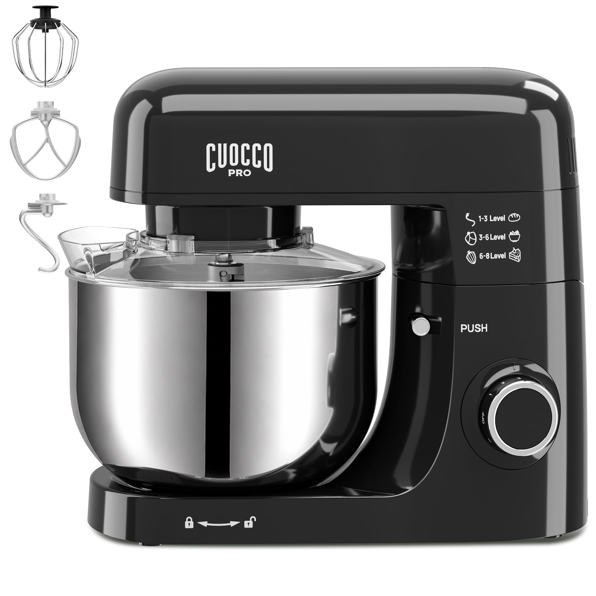 CUOCCO PRO 6.5 Qt Stand Mixer, Mixers for Kitchen, Handles Up to 1100g/2.4 lb Dry Flour, 1200W Peak, 8 Speeds + Pulse, Dough Hook, Beater & Whisk for Bread & Pizza, Cake & Cookies