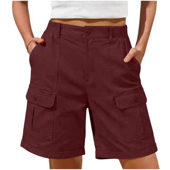 Workout Shorts Women 2 in 1 New Women's Cargo Shorts Elastic Waist Loose Shorts with Multi Pocket Summer Outdoor Hiking Workout Sports Shorts Wine M