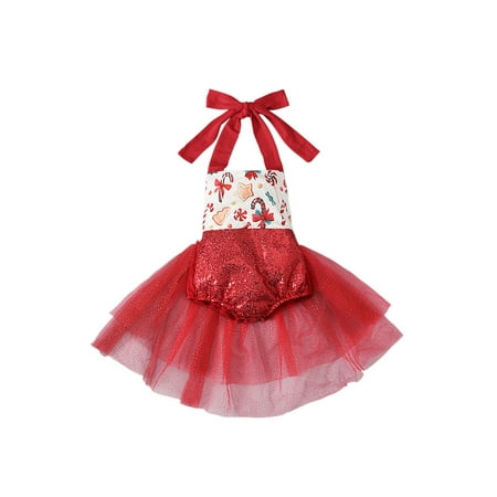 

TheFound Newborn Baby Girl Christmas Romper Dress Candy Sequin Halter Bodysuit Tulle Tutu Skirt Princess Outfits