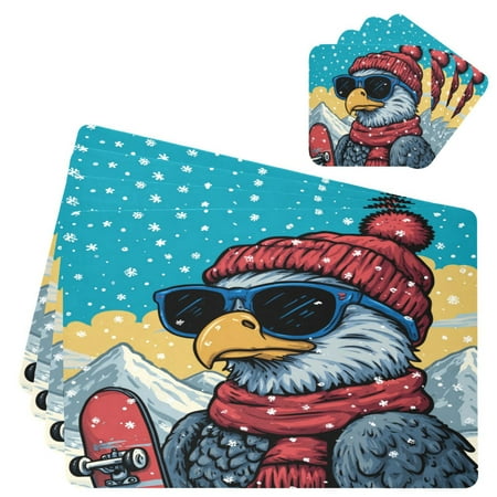 Wobogo Winter Eagle Placemats Coasters Set of 4 Heat-resistant Non-slip Easy to Clean Square Dinner Plate Mat