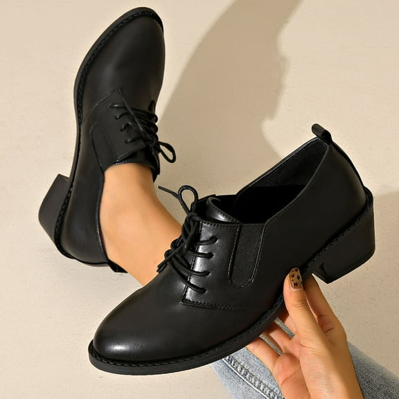 Viluyesy Womens Oxford Shoes, Pointed Toe Lace-Up Chunky Heels Ladies Casual & Dressy Leather Loafers Black US7