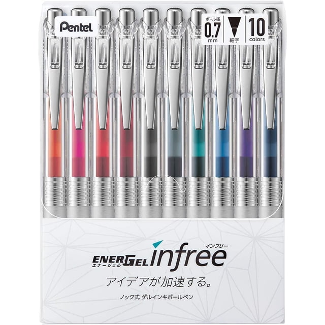 Bolígrafo Pentel EnerGel Infree 0,7 mm, juego de 10 colores BL77TL-10