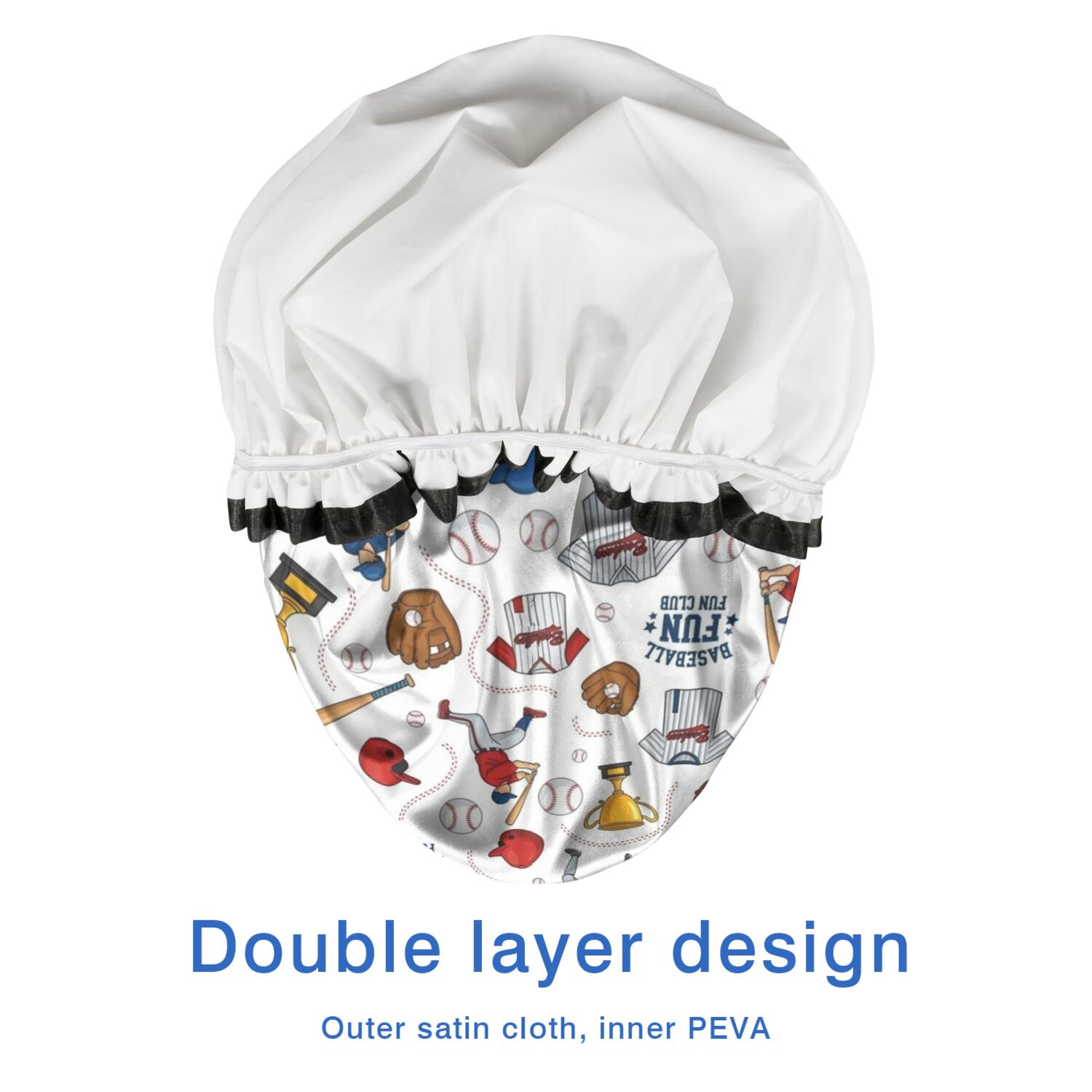 Shower Caps,White Baseball Elements Pattern Waterproof Shower Cap for Women 4 Pieces,Double Reusable Hair Cover for Shower PEVA Elastic Stretch Hem