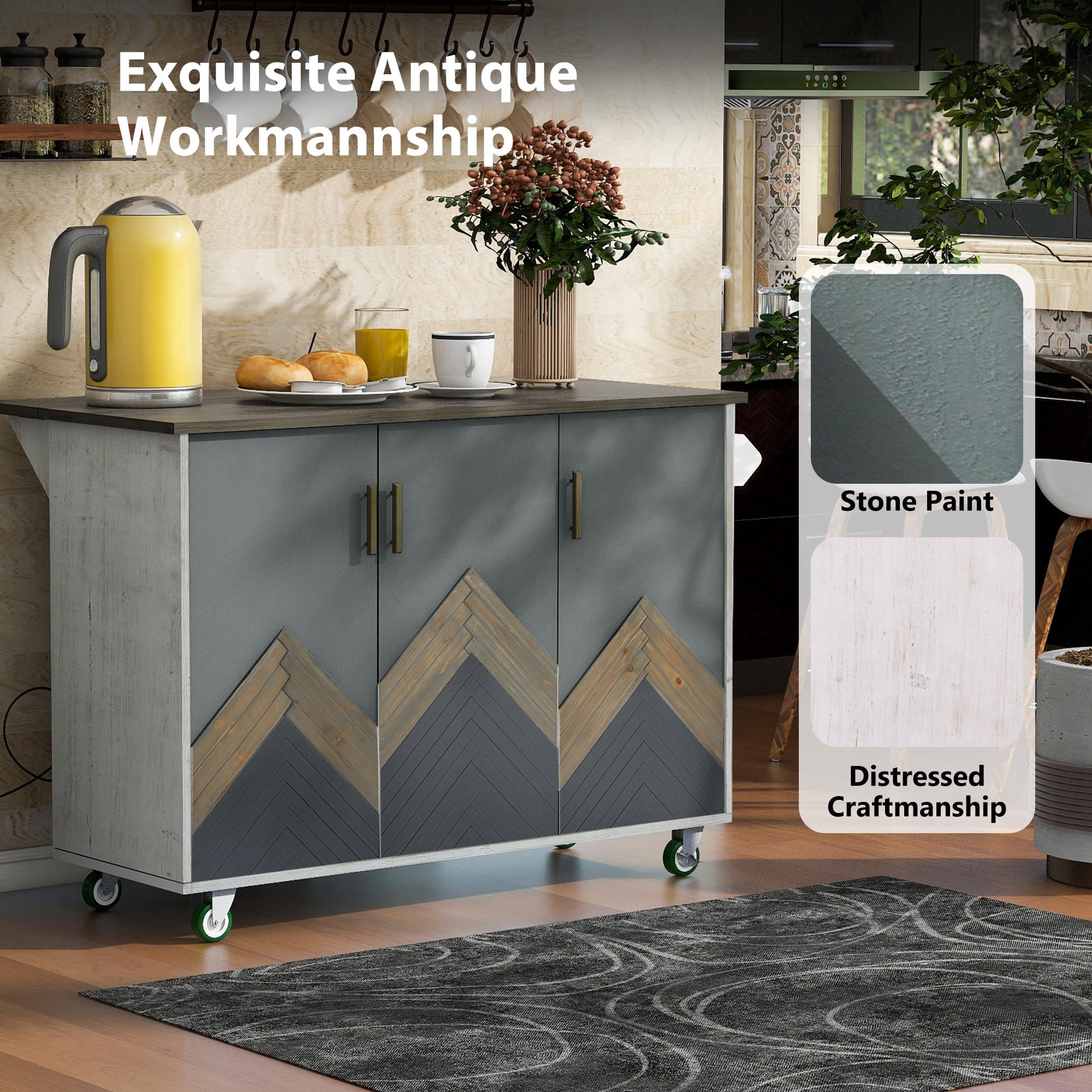PORKISS Kitchen Island with Storage, Wooden Classical Storage Cart on Wheels with Drop Leaf for Living Room, Kitchen, Dining Room, Mountain Grain White