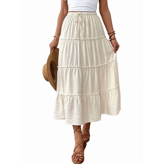 Women'S Summer Casual Elegant Smock Layered Tiered High Waisted A Line Flowy Long Skirts with Pockets White XS