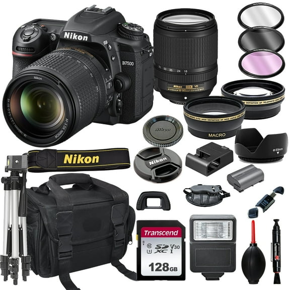 Nikon D7500 DSLR Camera with 18-140mm VR Lens Bundle    128GB Card, Tripod, Flash, and More 20pc Bundle