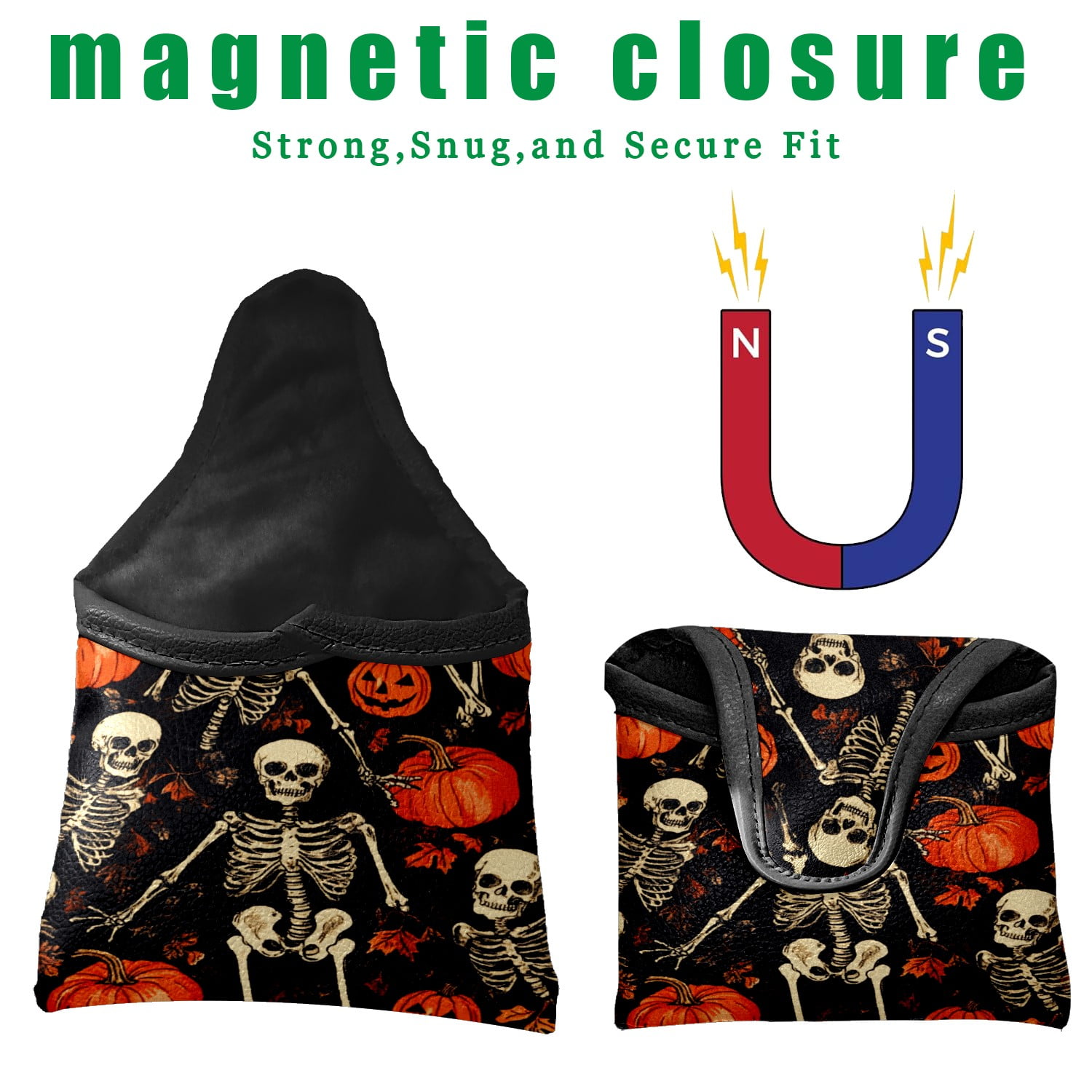 Golf Mallet Putter Cover Premium Leather Waterproof Golf Putter Head Cover with Magnetic Closure Pumpkin Skull