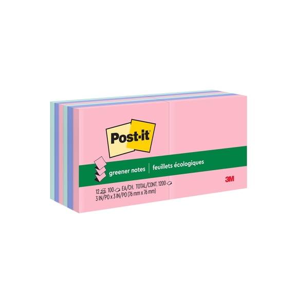 Post-it(R) 100% Recycled 3in. x 3in. Pop-up Notes, Sunwashed Pier Collection, 100 Notes Per Pad, 12 Pads, R330RP-12AP