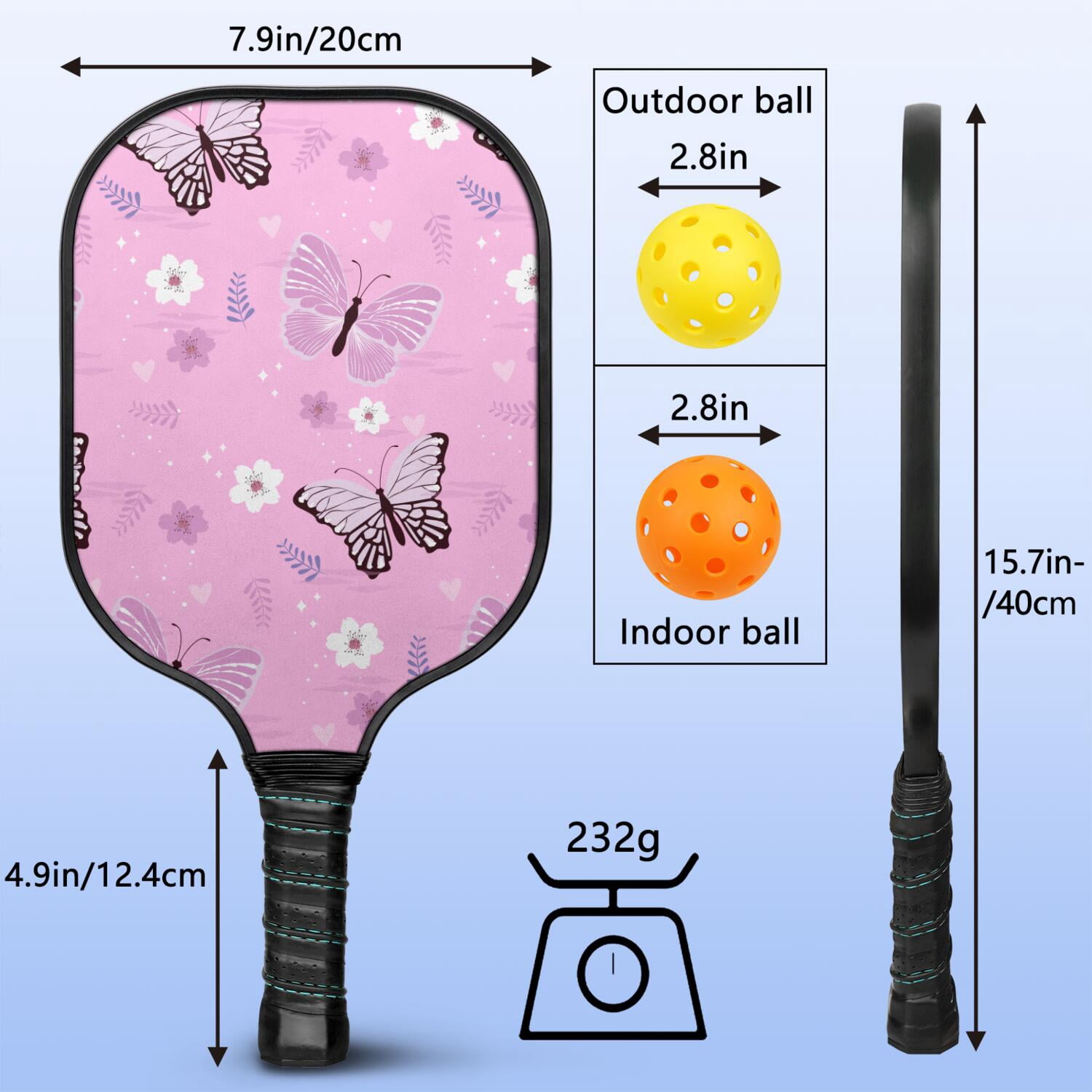 Pickleball Paddles Set Of 2, Fiberglass Surface, Vintage Floral & Butterfly, 4 Balls & Bag