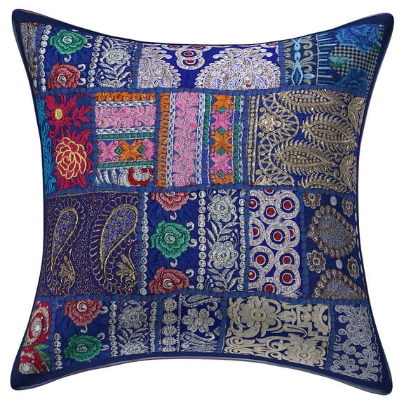 Stylo Culture Indian Cotton Decorative Throw Pillow Sham Cover Dark Blue 18x18 Bohemian Vintage Patchwork Indian Couch Cushion Cover 45 x 45 cm Home Decor Abstract Square Pillowcase | 1 Pc