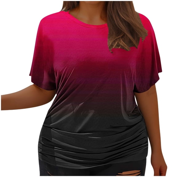 ylioge L-5X Plus Size Womens Tops Short Sleeve Crewneck T Shirts Ladies Trendy Gradient Printed Pleated Pullover Going-Out Streetwear Blouses Top