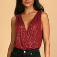 thumbnail image 3 of Women V Neck Bodysuit Top Shiny Sequin Low Cut Back Sleeveless Tank Top with Mesh Briefs Red L, 3 of 6