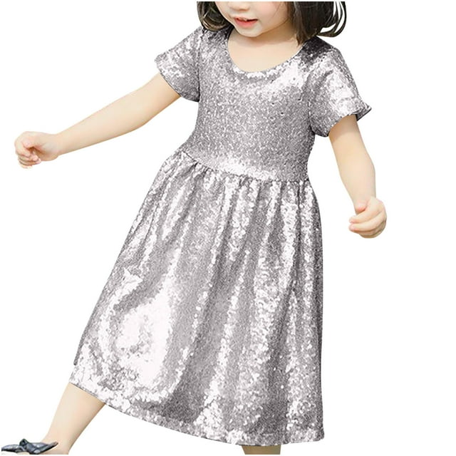 ameIAEA Robe à Sequins pour Filles Manches Courtes Col Rond Robes de Fête Scintillantes 3-8 Ans