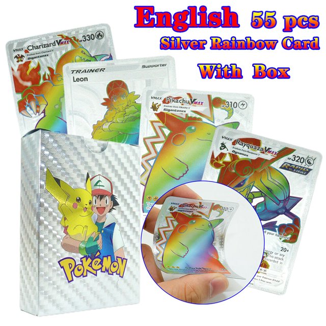 Cartas coloridas Pokémon genuinas, juego de cartas de aluminio dorado, Pikachu, Charizard, Mewtwo, inglés, español, francés, alemán, coreano, 55 piezas Fivean unisex
