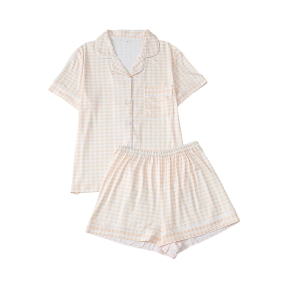 Arlun Women's Plaid 2 Piece Cute Pajama Sets Casual Short Sleeve Button down Shirts with Shorts Loungewear Lightweight Soft Comfy Sleepwear with Chest Pocket 3-Light Yellow XL