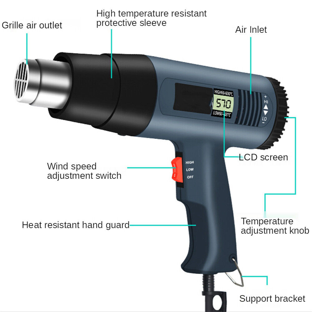 Heat Gun, 2500W Heavy Duty Hot Air Gun Kit with 140°F-1112℉ Dual-Temperature Settings and 4 Nozzles for Shrinking PVC,Stripping Paint, Crafts