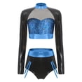 thumbnail image 3 of YiZYiF Womens 2 Piece Metallic Shiny Rave Outfits Long Sleeve Crop Top with Booty Shorts Clubwear Blue L, 3 of 6