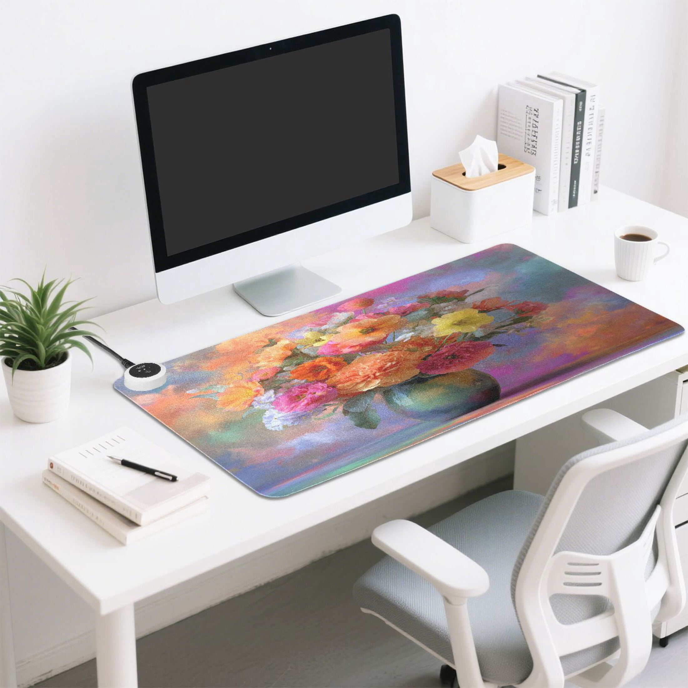 Large Heated Desk Mat Mouse Pad 31.5"x13"PU Leather Graphene Heating Desk Warmer with 3 Temperature Settings 110V US Plug Non-Slip Warm Pad for Home, Office, and Gaming Vivid Flowers in A Vase