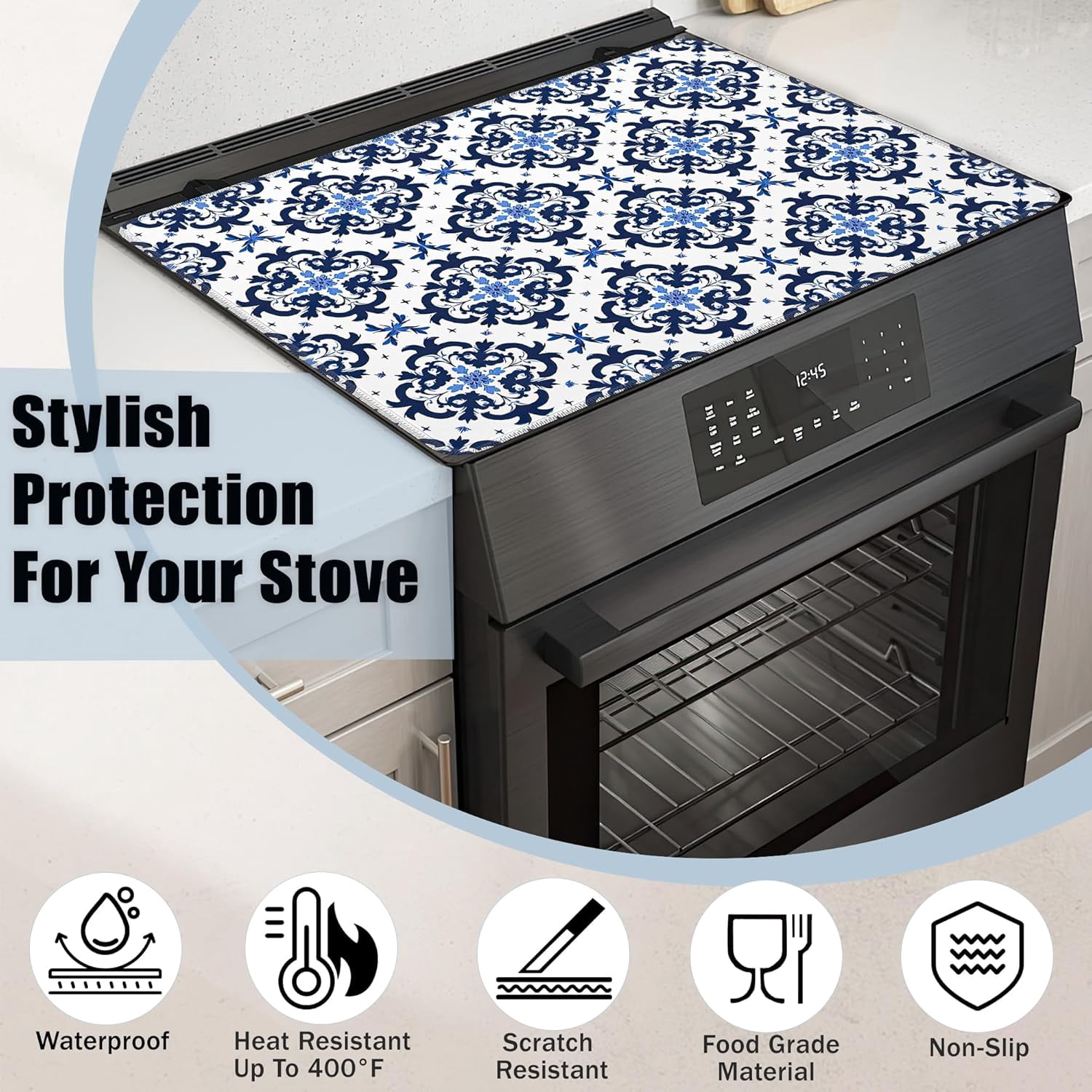 Stove Top Covers for Electric Stove,Blue Tile Flat Top Stove Cover,Modern Geometric Heat Resistant Glass Top Stove Cover Protector Anti-Slip Range Covers, 28 x 20 Inch