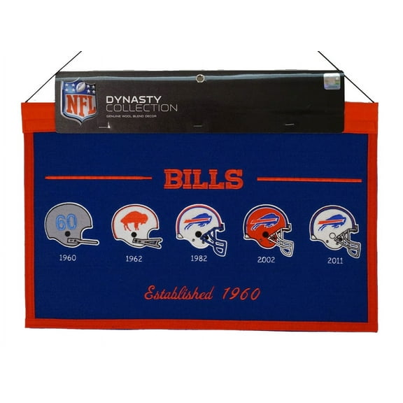 Buffalo Football Bills Wool Blend Wall Hanging Heritage Banner featuring logos from 1960, 1962, 1982, 2002, & 2011
