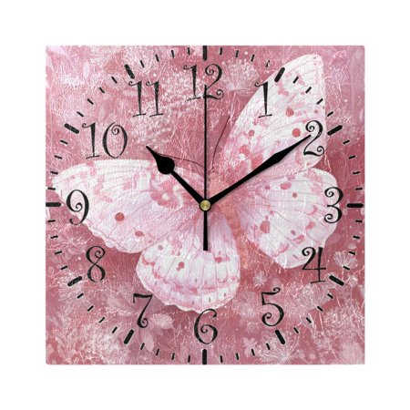 7.78in Square Artistic Wall Clock Dual-Purpose Tabletop & Hanging Decor Silent Non-Ticking Clocks for Home Office 11111111 Soft Pink Butterfly