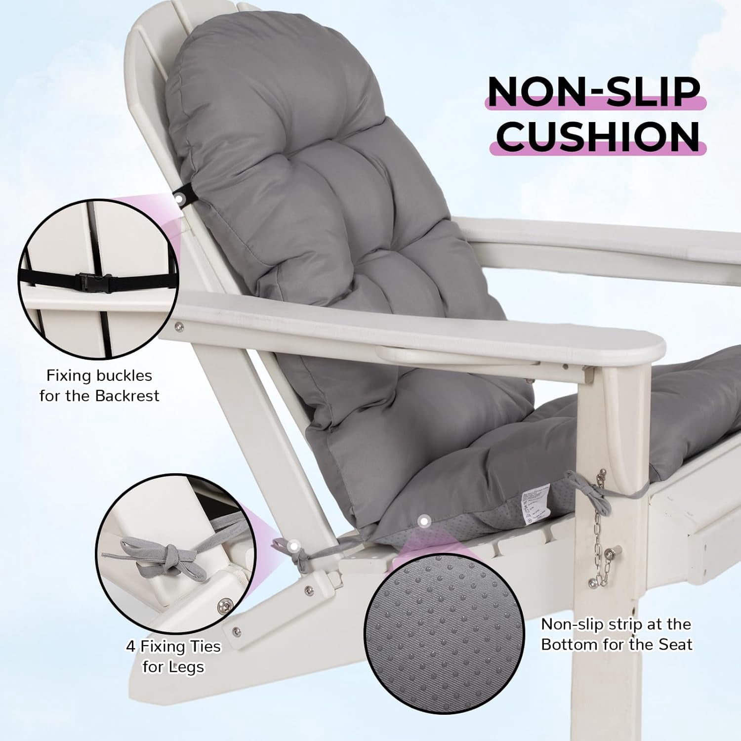 Nalone 2 Pcs Outdoor Adirondack Chair Cushions, Weather Resistant Patio Rocking Chair Cushion, Non-Slip Water Resistant High Back Patio Pad with Ties Grey