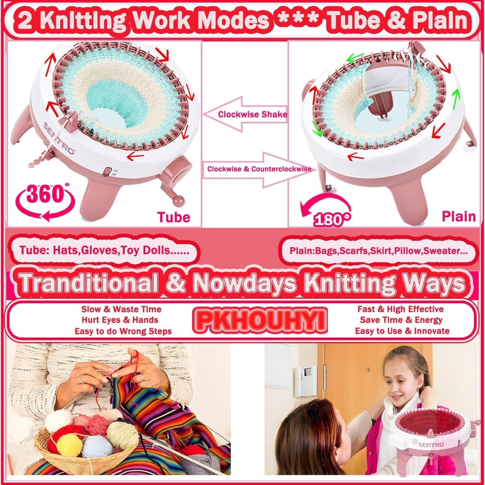 Waxgamo 48-Needles Knitting Machine, DIY Knitting Weaving Loom Machine with Row Counter, Automatic Circular Spinning Loom for Scarf, Hats, Sweater, Socks Craft