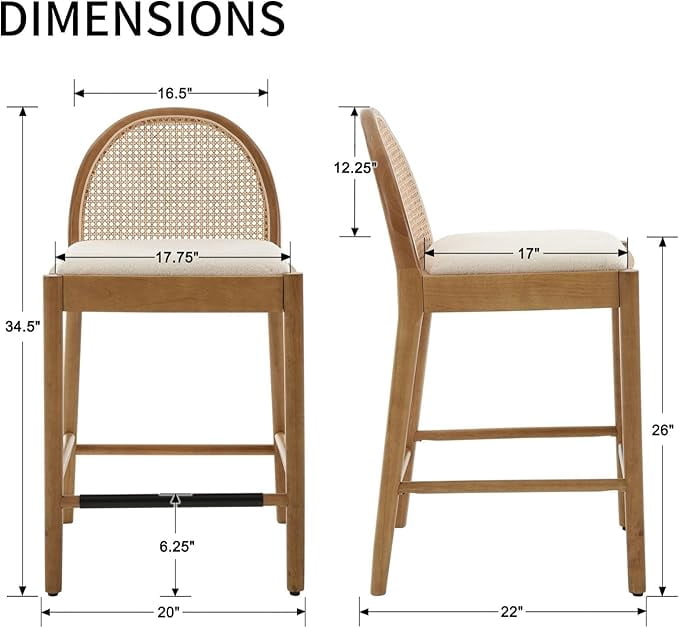 Guyou Modern Bar Stools Set of 2, 26" Counter Height Bar Stools with Natural Rattan Back and Solid Wood Frame, Linen Upholstered Kitchen Island Chairs for Bar Island Cafe Kitchen, Beige