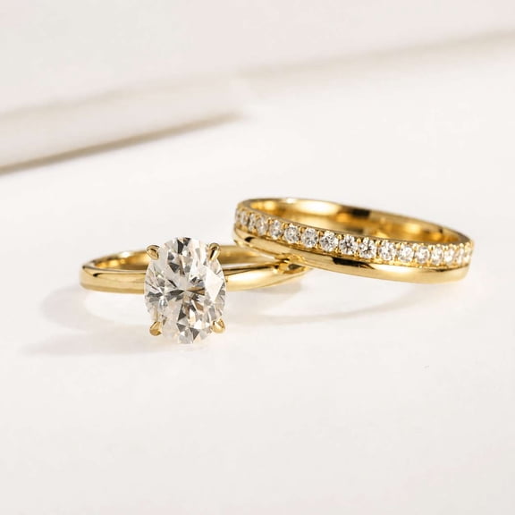 vylahjewellery 10K Yellow Gold Vermeil Matching Wedding Band, Oval Cut Moissanite Engagement Ring and Wedding Ring Set, Bridal Ring for Her