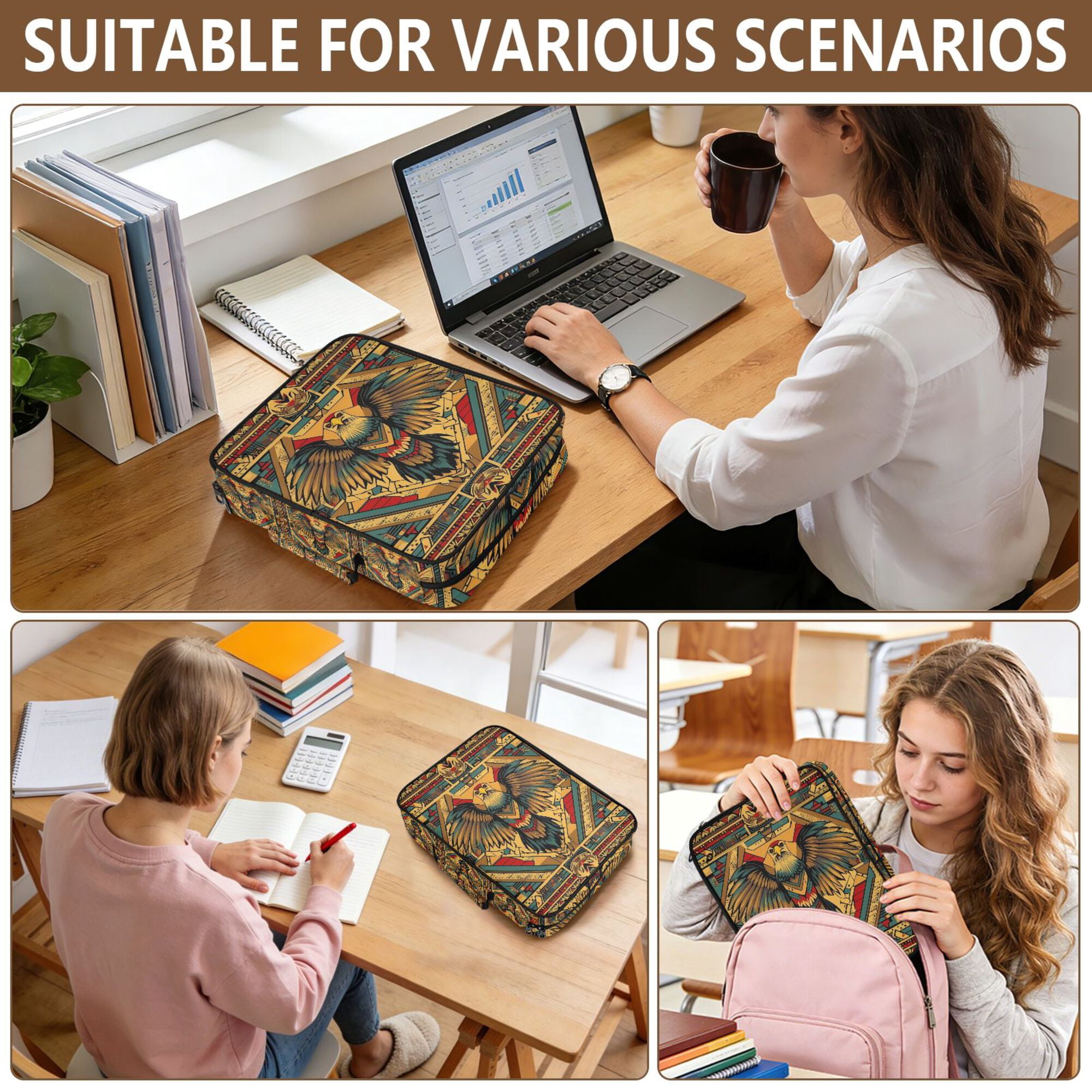 FORMRS Accordion File Folder A4 Size 7-Pocket Expanding Document Organizer Bag with 3 Ring Binder, Retro Abstract Eagle
