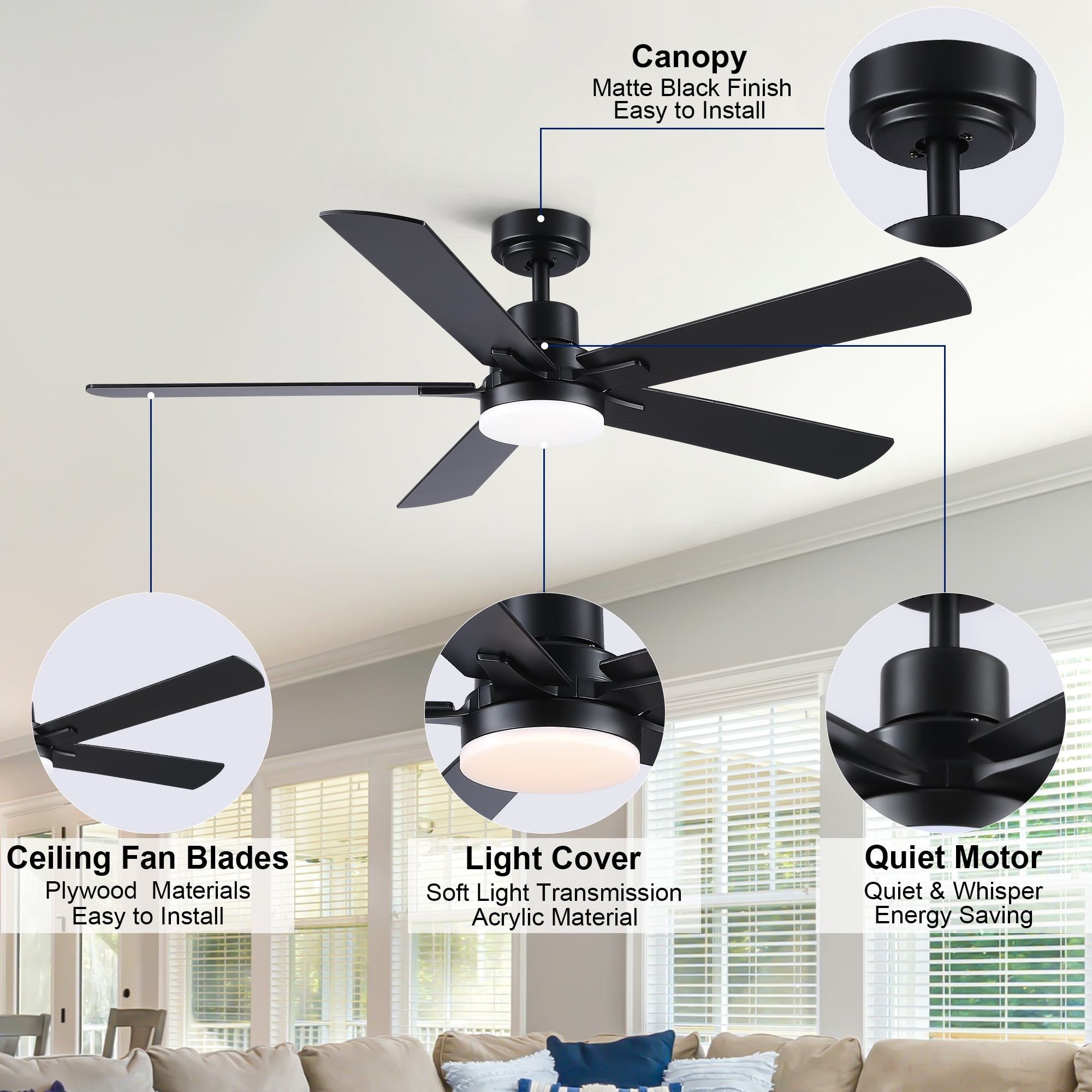 Wellspeed 52 in. Modern Ceiling Fan with Dimmable Light, for Indoor, Remote Control, 6 Speeds Reversible DC Motor, Black