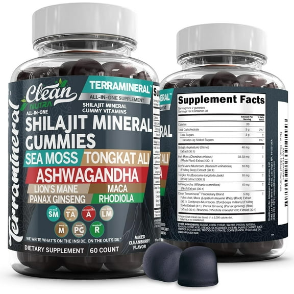 Clean Nutra Shilajit Mineral Gummies, All-in-One Supplement with Sea Moss, Tongkat Ali, Ashwagandha, Lion's Mane, Panax Ginseng, and Rhodiola - 60 Count (1)