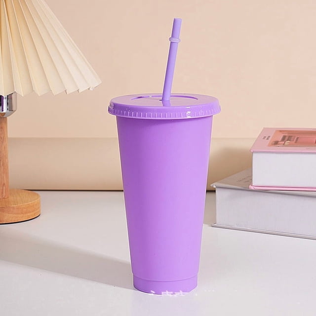 Assorted solid color reusable 710ml 24oz plastic cup cold cup coloured cup takeaway straw cup glasses with straw and lid