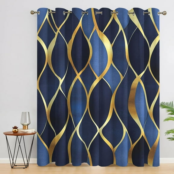 Abstract Curtains, Blue Gold Window Curtains, Modern Contemporary Home Decor Drapes, Black Out Curtains38"W x 54"L (Pack of 2)