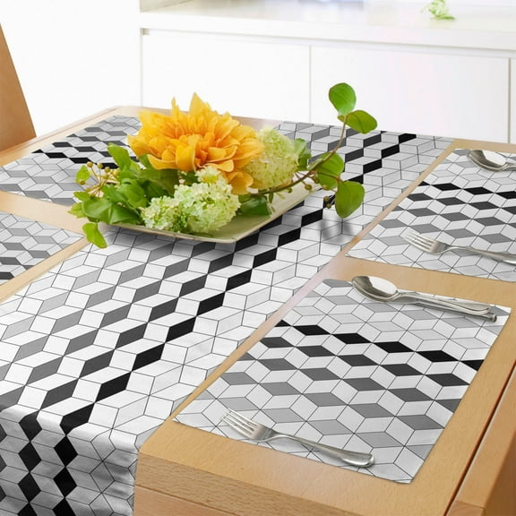 Ambesonne Grey and White Table Runner & Placemats, Grayscale Argyle, Placemat 4 pcs Runner 12"x72", Pale Taupe